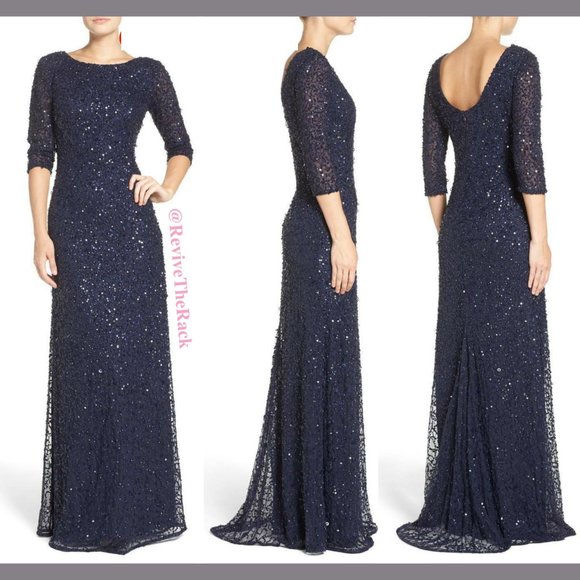 NEW $328 Adrianna Papell Sequin 3/4 Sleeve Gown in Navy Blue [SIZE‎ 2 US ] - Picture 1 of 13